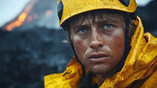 Close-up of a climber's concerned face in yellow gear against a dramatic volcanic backdrop, capturing intense emotion and adventure in rugged terrain, elegantly showcasing volcano.