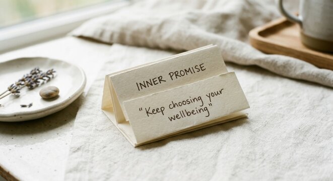 A Folded Paper Display Featuring 'Inner Promise' and 'Keep Choosing Your Wellbeing' Message