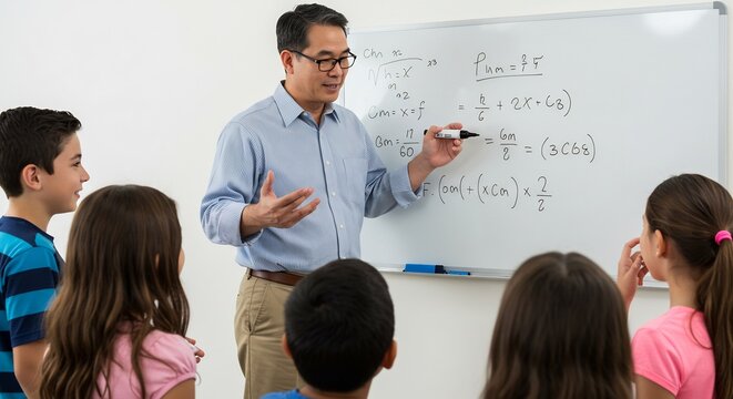 男性教師が明るい教室でホワイトボードの数式を指し示し子供たちに算数の複雑な問題を丁寧に分かりやすく解説し学習意欲を高める教育情景. AI Generated