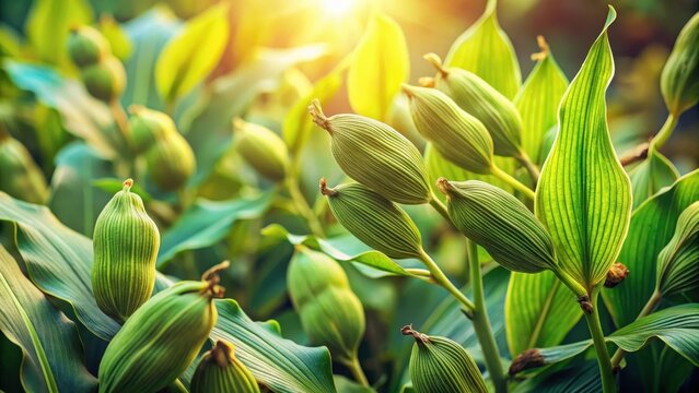 Fresh cardamom plants stand sentinel in soft morning light their green leaves glowing softly amidst muted earthy tones