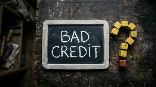 Blackboard with bad credit warning amidst wooden blocks with evoking themes financial concern uncertainty surface surrounded colorful chalkboard