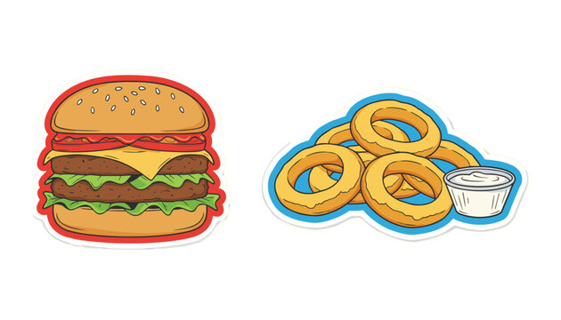 Delicious fast food menu options featuring a double cheeseburger sticker and a crispy golden onion rings sticker with white sauce.
