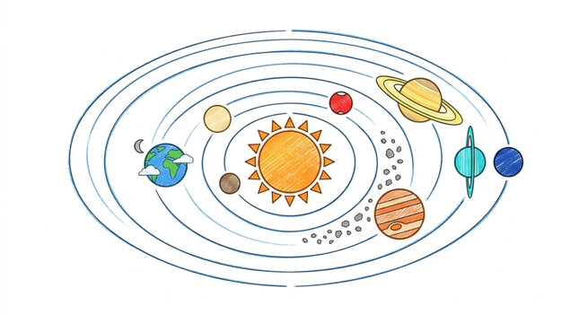Colorful illustration of the solar system planets orbiting the sun.