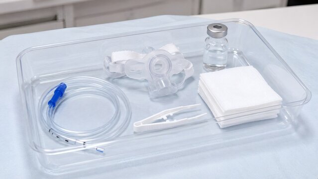 Medical tracheostomy care kit with tubes, gauze, and supplies on a clean tray