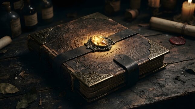 Ancient leatherbound grimoire with a glowing amber gemstone clasp on a rustic wooden table