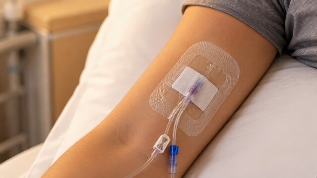 Close-up of a patient's arm with a PICC line dressing and tubing in a clinical setting