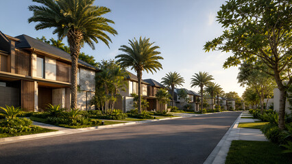 Fototapeta premium Luxury Modern Tropical Residential Cluster Boulevard at Golden Hour