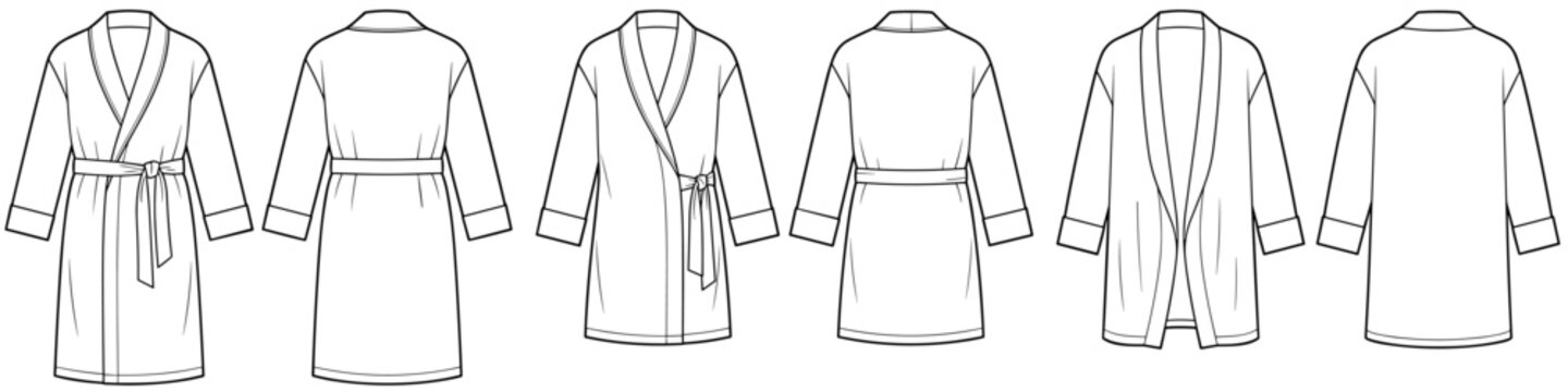 Set of bathrobes and hotel housecoats technical fashion illustration with shawl collar, tie belt, patch pockets, long sleeves. Flat robe template front back white. Unisex spa CAD mockup