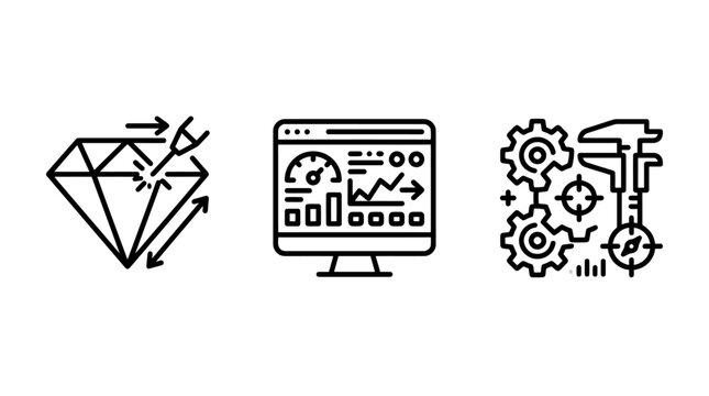 Gemstone precision cutting measurement and performance analytics icon set with gemstone precision measurement performance analytics dashboard machinery industrial technology manufacturing