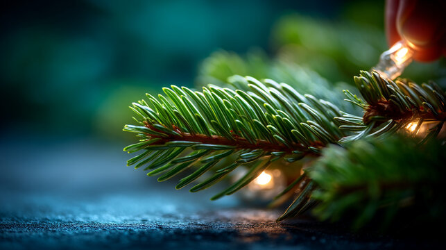 Decorating evergreen pine branch with glowing warm christmas fairy lights