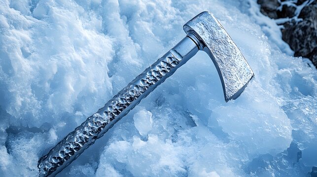 Close-up of a climber's ice axe embedded in frozen ice showcasing essential mountaineering gear and rugged alpine conditions for adventure sports enthusiasts, elegantly showcasing climbing.