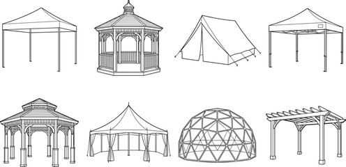 Naklejka premium Outdoor shelter collection, tents gazebos and pergolas, event canopy structures, vector illustration bundle set