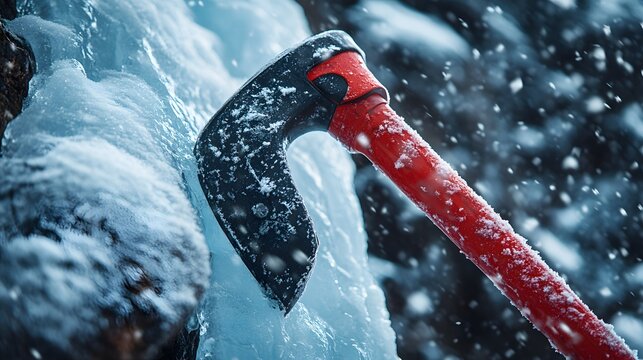 Close-up of a climber's ice axe embedded in frozen ice with snow falling around, showcasing mountaineering gear and extreme winter conditions for adventure sports enthusiasts.