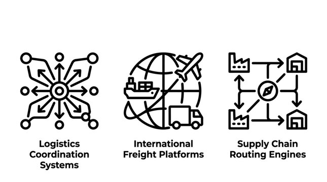 Logistics coordination supply chain and global freight network icons with logistics distribution transport shipping business delivery management international transportation industry