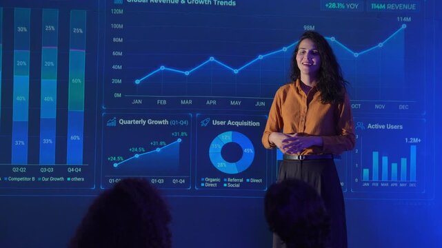 Business professionals presenting a digital analytics dashboard during a corporate meeting, discussing market trends, business performance, data visualization, strategic planning and technology.