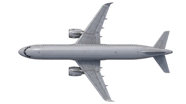 Gray Commercial Airplane Top View PNG isolated on transparent background