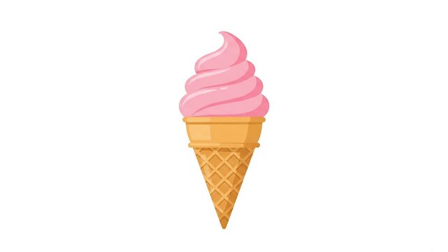 A tasty pink strawberry soft serve ice cream cone illustration isolated on a clean white background loop