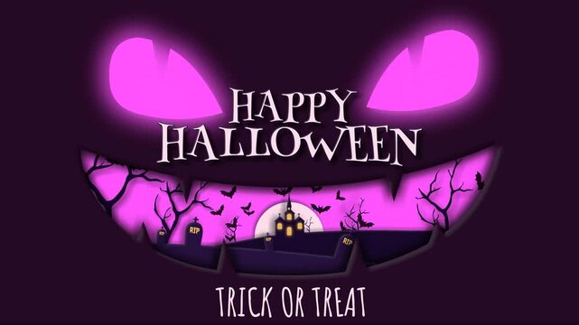Glowing Monster Paper Cut Halloween. A layered paper-cut 4K looping animation featuring a glowing monster face cut-out framing a spooky graveyard with a church and bats. Perfect for holiday intros.