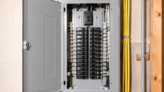 Open electrical panel with circuit breakers and wiring in a modern home basement