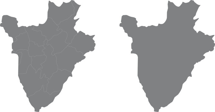 Grey map of burundi with and without administrative regions illustration
