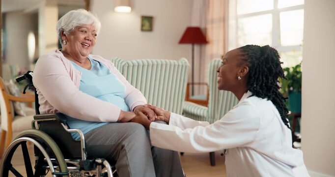Smile, doctor and holding hands with old woman in wheelchair, surprise and homecare visit. Medical support, checkup or person with disability, happy and talk to funny worker with trust in retirement