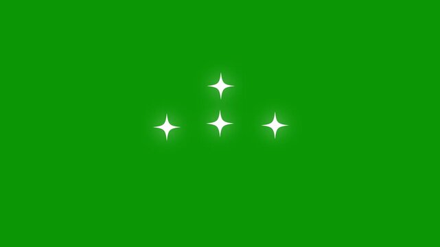Glowing sparkling stars animation with white cartoon doodle vector style, twinkling blinking light effect on green screen background, transparent festive shine overlay .4k