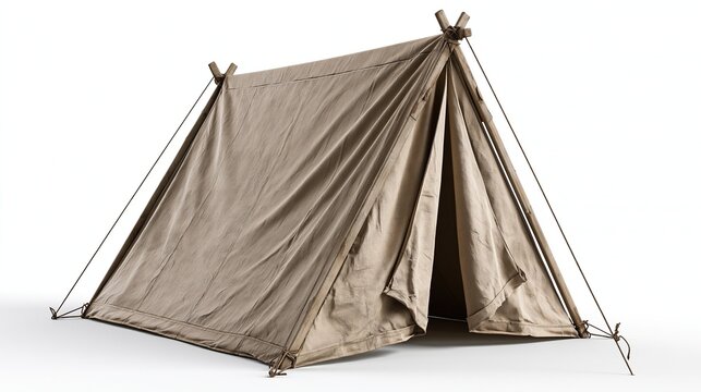 Vintage traditional beige canvas A frame camping tent with wooden support poles set on plain solid white background, classic outdoor camping shelter for wilderness adventure