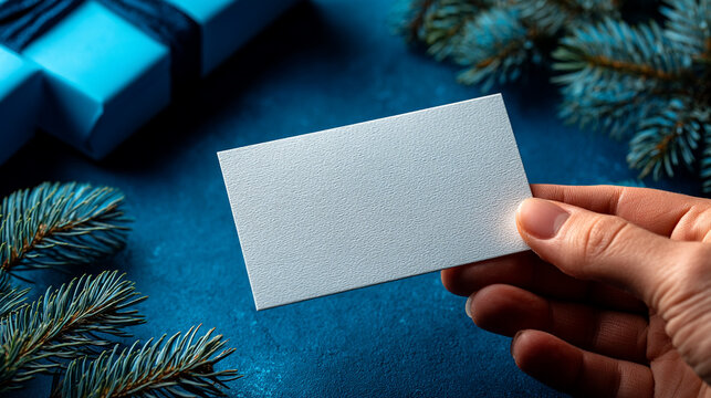 Hand holding blank white paper card over blue holiday background with christmas