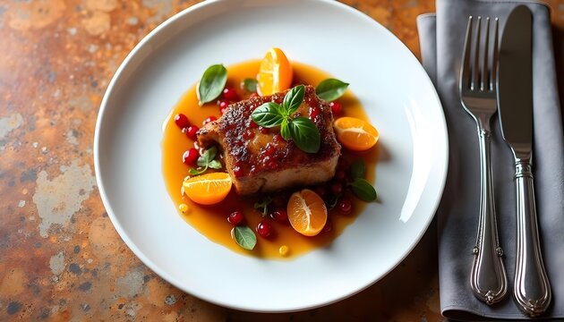 Glazed pork belly served with fresh citrus segments and red berries on white plate with reduction sauce garnished vibrant orange reduction displays tender glazed