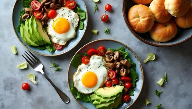 Two balanced breakfast plates featuring fried eggs avocado slices sauted mushrooms cherry tomatoes with served fresh vegetables vegetables warm bread