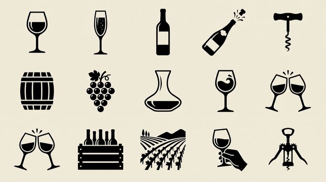 Elegant black silhouettes representing wine culture, including glasses, bottles, corkscrew, grapes, barrel, vineyard landscape, festive clinking, and refined enjoyment.