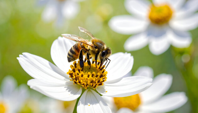 Close-up of a bee collecting nectar from a white flower in a garden.