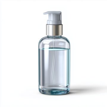 Clear glass pump bottle with water ideal for skincare or cosmetic products on a clean white background