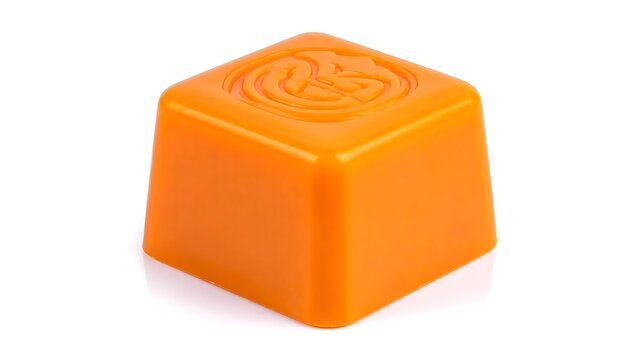 Vibrant orange cube game piece featuring an embossed stylized symbol, isolated on a pristine white background. Perfect for strategic design concepts, digital asset creation, or modern playful graphics