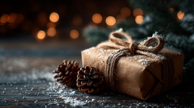 Rustic gift box wrapped in twine with pinecones on a snowy wooden table