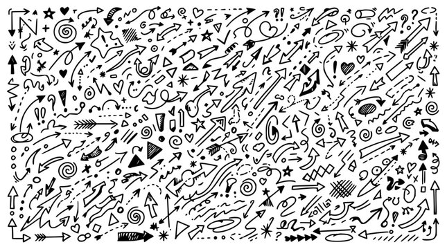 Doodle arrows set with abstract line art featuring directional symbols, hand-drawn strokes, and minimalist design with geometric shapes and flowing curves