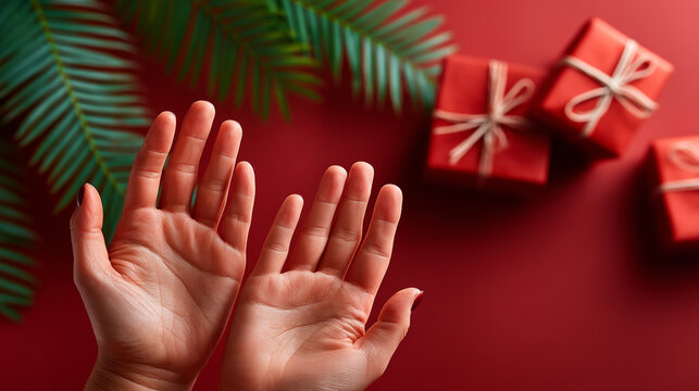Open hands reaching towards red gift boxes on a red background with reaching