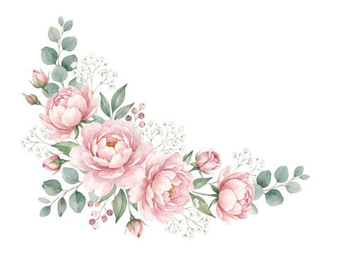 Watercolor blush pink rose corner floral arrangement with eucalyptus foliage isolated element on transparent background.