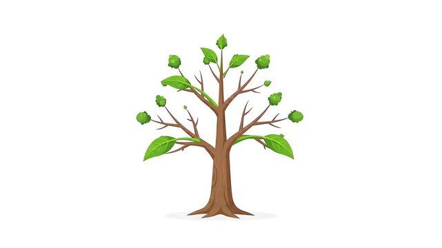 a green plant seedling evolves into a small tree through a digital growth animation on white background