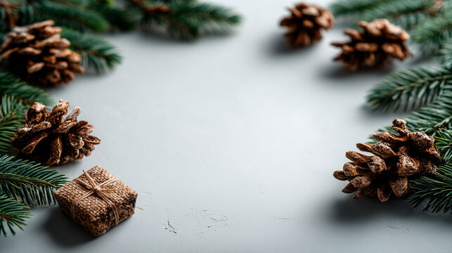 Christmas pine cones and small gift on light grey surface with christmas