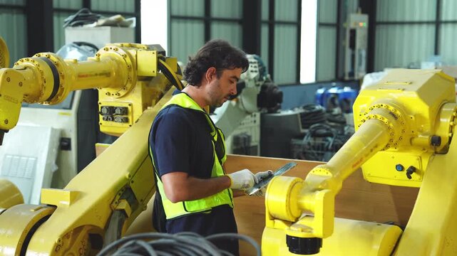 Industrial engineer inspecting a robotic arm machine in an automated manufacturing factory, robotics, automation, smart manufacturing, machine maintenance, quality control and Industry 4.0 technology.