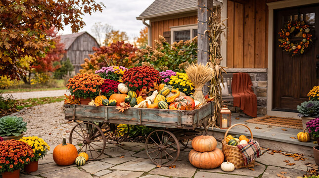 Rustic Autumn Harvest Decoration with Colorful Chrysanthemums and Pumpkins in a Vintage Wooden Wagon