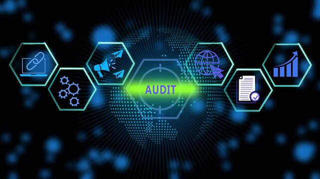 Digital audit and corporate compliance infographic animation featuring glowing hexagonal global data network connectivity, financial growth charts, and business strategy analysis concepts