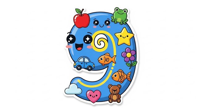 笑顔の顔や動物たちが彩る数字9の可愛いイラスト 遊び心満載で子供も喜ぶポップなデザイン. AI Generated