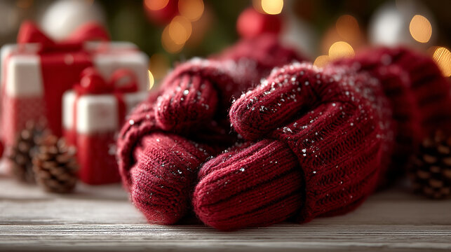 Red knitted mittens and gift boxes on wooden table for winter holidays