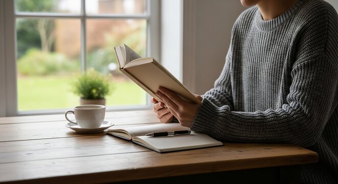 窓から差し込む優しい自然光が部屋全体を暖かく包み込み木製のテーブルで温かいコーヒーをゆっくりと味わいながら心地よい静けさの中で物語の世界に深く没頭し心安らぐ読書時間を過ごす人. AI Generated