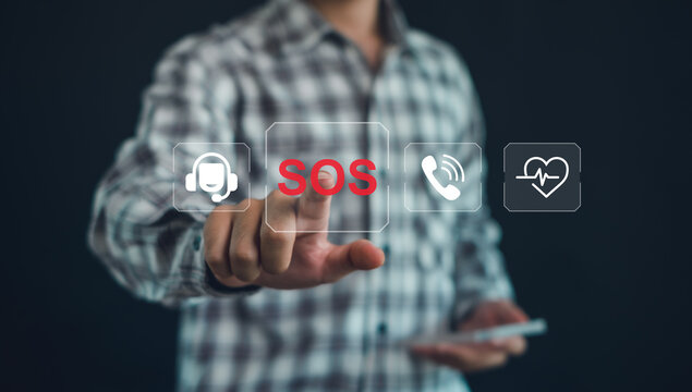 Person pressing digital SOS emergency button with healthcare, hotline, customer support icons, representing 24-7 emergency response, medical assistance, crisis communication, public safety technology.