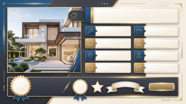Real estate property listing template featuring a modern luxury house exterior with swimming pool and customizable real estate social media tamplate and banner download 2026 2027 2028