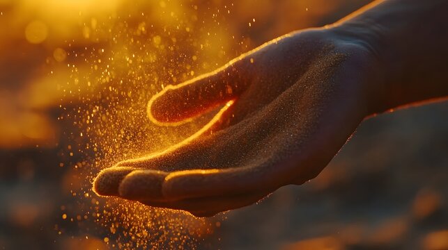 Close-up of hand pouring sand through fingers against golden desert backdrop symbolizing passage of time and natural erosion. Warm sunlight, textured grains, serene motion capture.