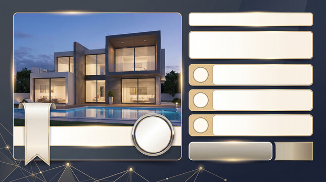Real estate promotional template with a modern two-story house and swimming pool at twilight featuring geometric gold network real estate social media tamplate and banner download 2026 2027 2028